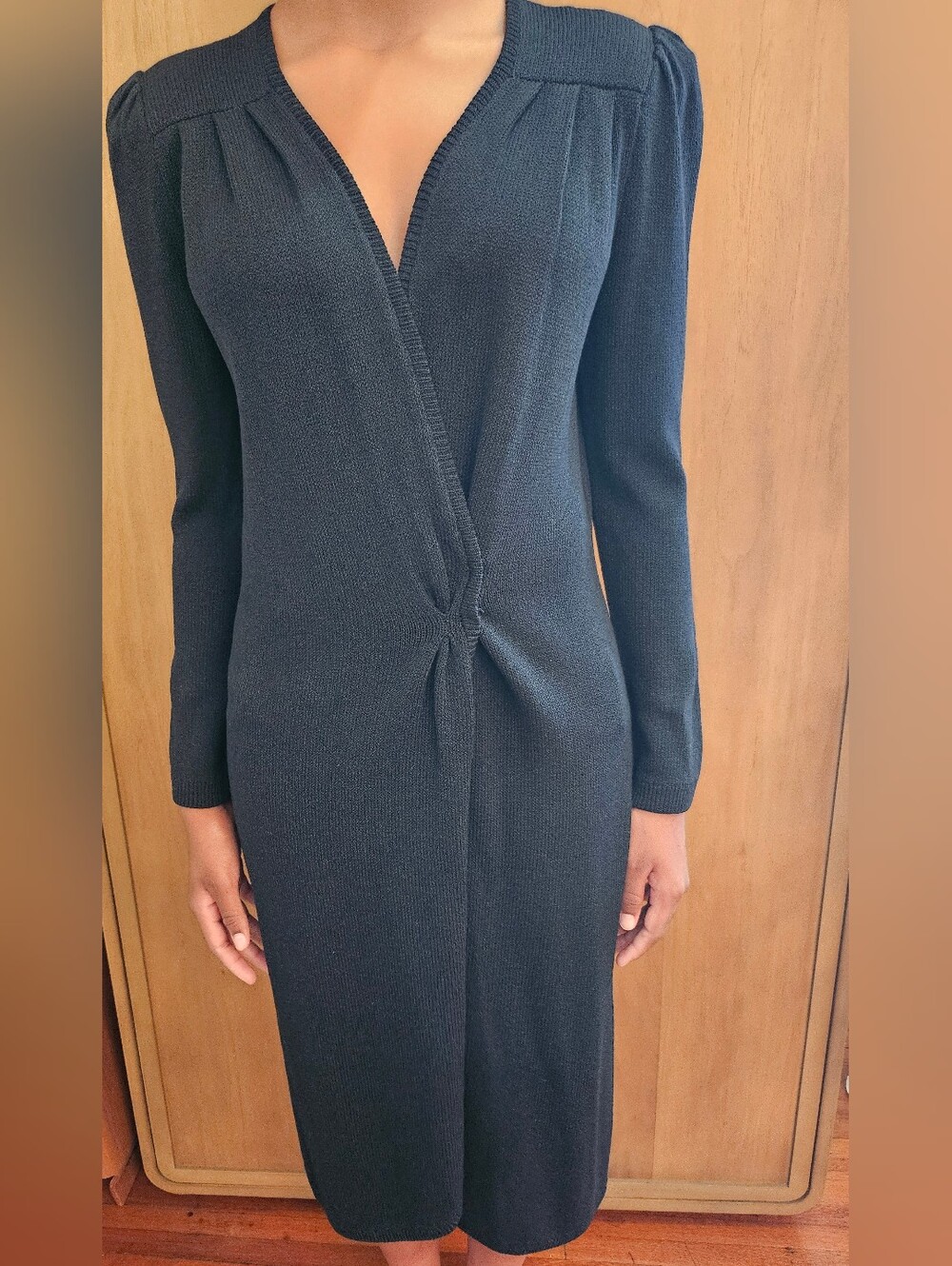 Vintage St. John Black Long-Sleeve Wrap Twist-Front Knit Dress